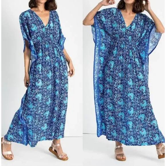 Rujuta Sheth For Anthropologie Maxi Kaftan Dress M/L Blue Cover Up Resort Wear - Picture 1 of 11